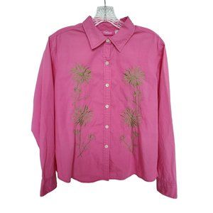 Coppagallo Pink Button Shirt Size Large Green Flower Long Sleeve